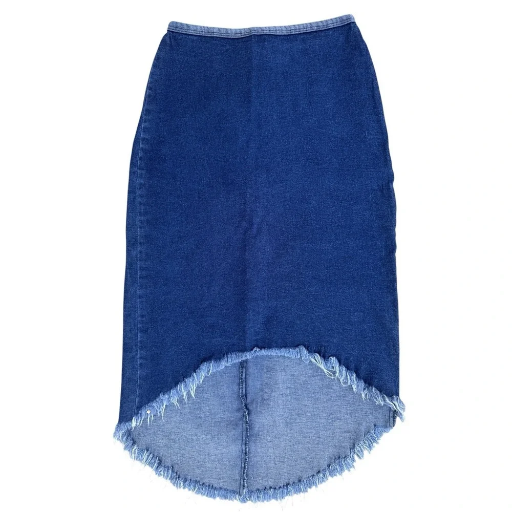 Lipstick O'Amore Vintage Denim Skirt Small Stretch High Low Frayed Y2K Midi Blue